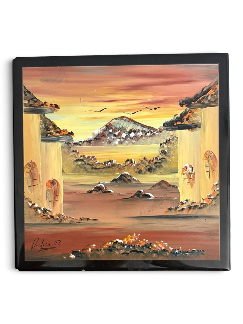 Signed Southwestern Desert Landscape Hand Painted Ceramic Tile Art 2007 8x8